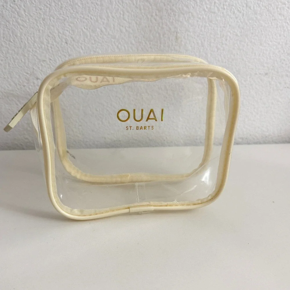OUAI St. Barts Clear Makeup Bag Travel Toiletry Pouch Cream Gold Logo